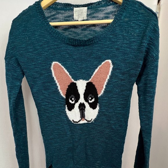 Hippie Rose French Bull Dog Sweater Teal Size M - Picture 2 of 7